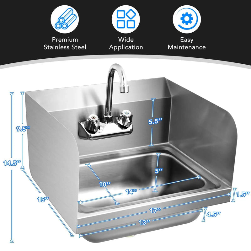 Stainless Steel Sink Wall Mount Hand Washing Sink with Faucet and Side Splash by DirectDeals
