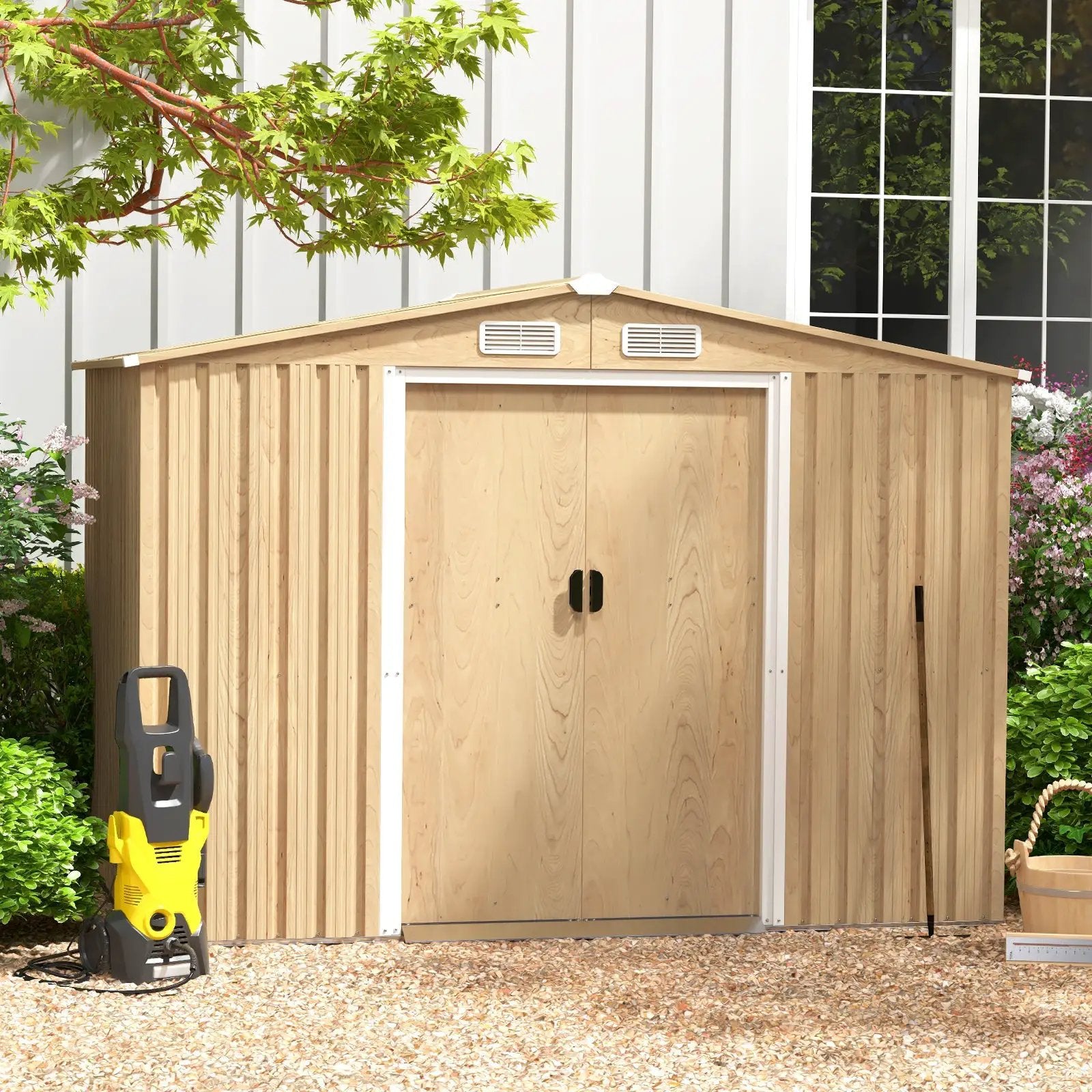 Weather Resistant Galvanized Steel Shed with Tilted Roof for Backyard Garden Patio Lawn-Natural by DirectDeals