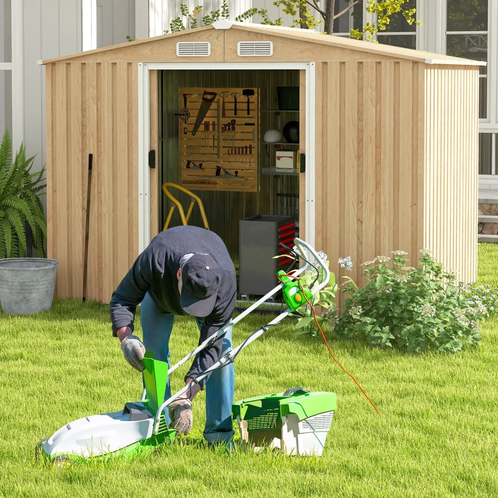 Weather Resistant Galvanized Steel Shed with Tilted Roof for Backyard Garden Patio Lawn-Natural by DirectDeals