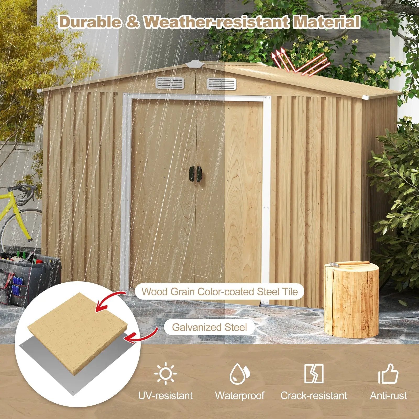 Weather Resistant Galvanized Steel Shed with Tilted Roof for Backyard Garden Patio Lawn-Natural by DirectDeals