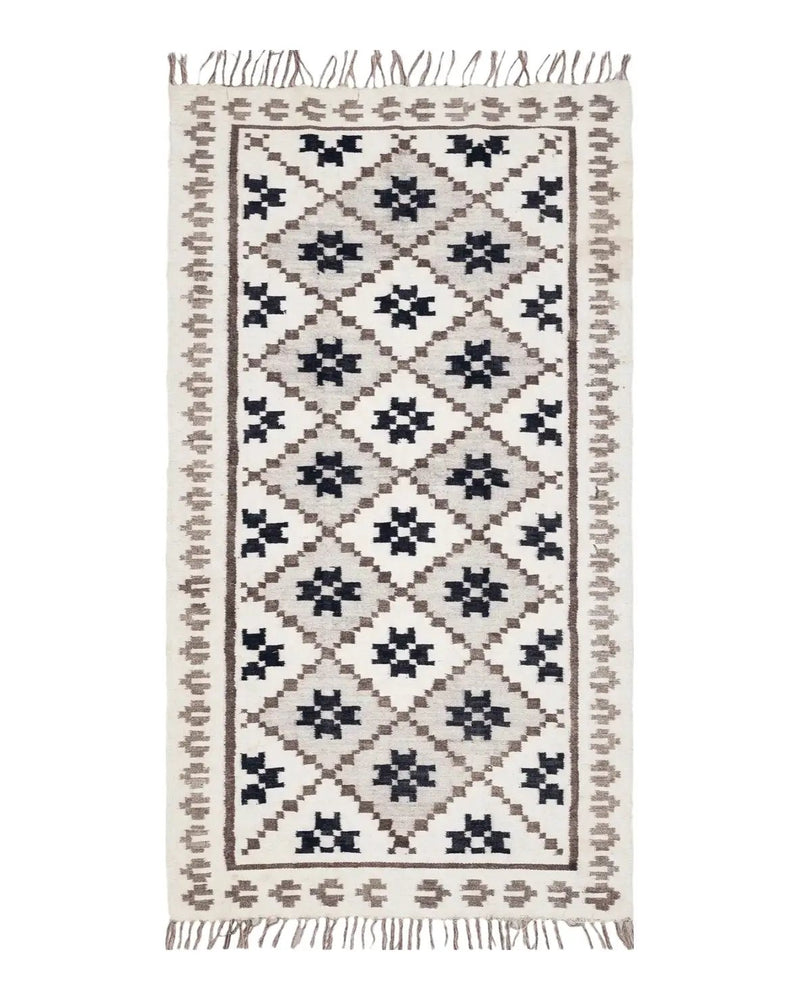 Semi Antique South American Blanket 4x8, Wool Hand-Woven Flatweave Kilim Rug, Handmade Antique Vintage Runner, Ivory & Blue, Diamond Panel by Jewel Rugs