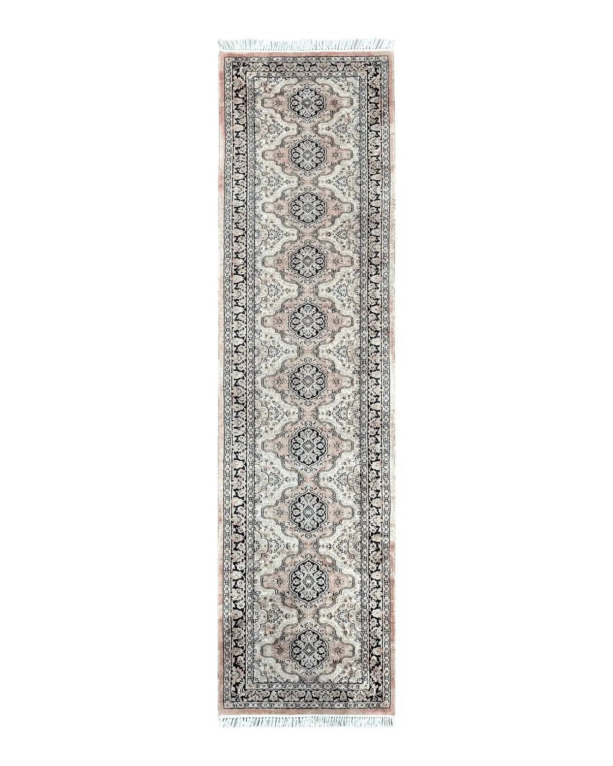 Silk Kashmiri Runner 2.7 x 10 ft Vintage Rug, Ivory Pastel Pink, Hand-Knotted Vintage Runner, Hallway Carpet, Indian Rug Medallion Runner by Jewel Rugs