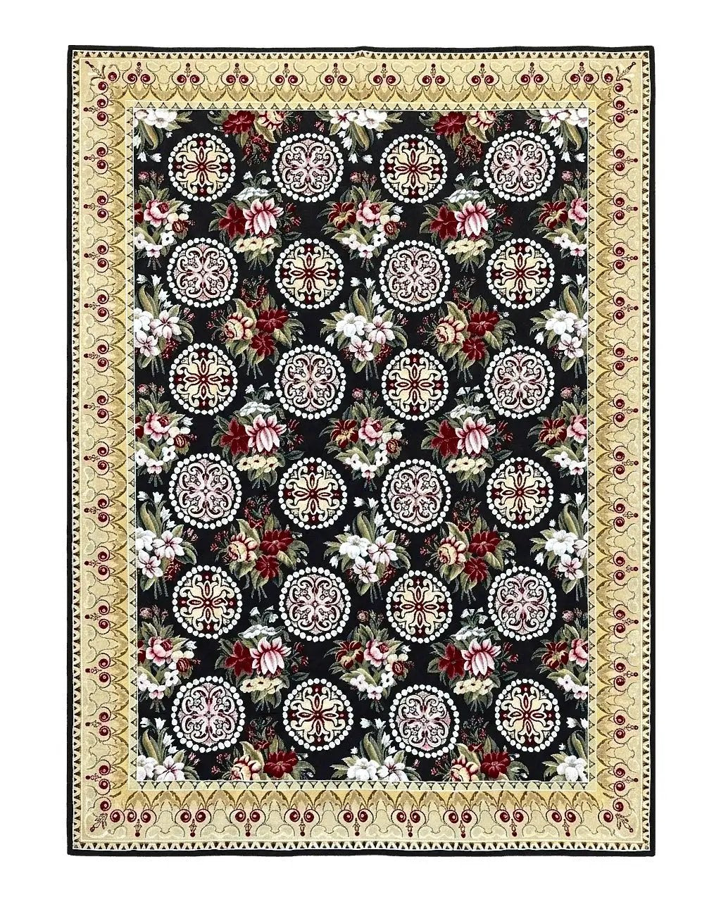 9x12 Black Needlepoint Rug, European Floral Panel Design, Handwoven, Vintage Chinese Needlepoint, Black Green Beige, Wool Rug 9 x 12 by Jewel Rugs