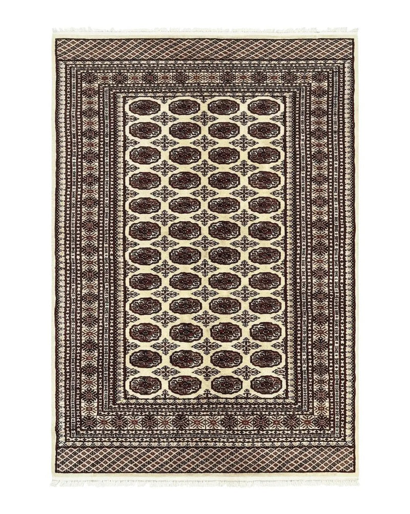 Pakistani Turkoman Rug 6x9, Cream and Red Hand Knotted Wool Oriental Carpet, Yamud Rug, Tribal Rug 6 x 9, Bohemian Area Rug, Bokhara Rug by Jewel Rugs