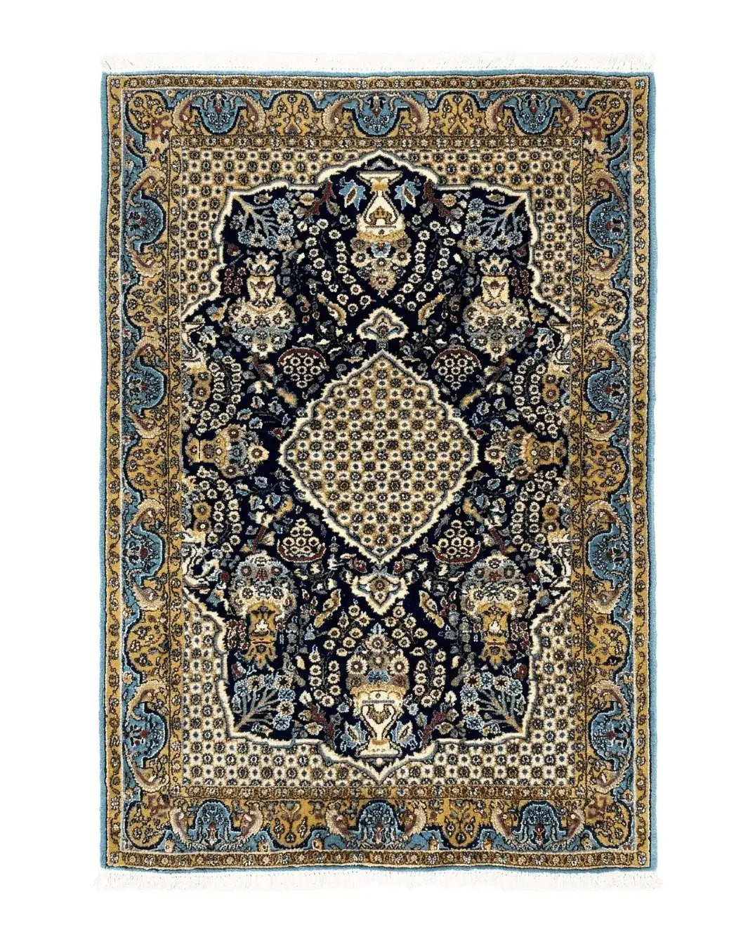 Fine Persian Qum Rug 3x5, Semi Antique Vintage Oriental Ghom Carpet, Floral Medallion, Highly Detailed, Hand Knotted, Navy Blue, Wool Area Rug, Birds by Jewel Rugs