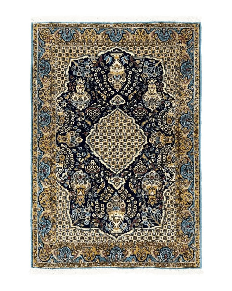 Fine Persian Qum Rug 3x5, Semi Antique Vintage Oriental Ghom Carpet, Floral Medallion, Highly Detailed, Hand Knotted, Navy Blue, Wool Area Rug, Birds by Jewel Rugs