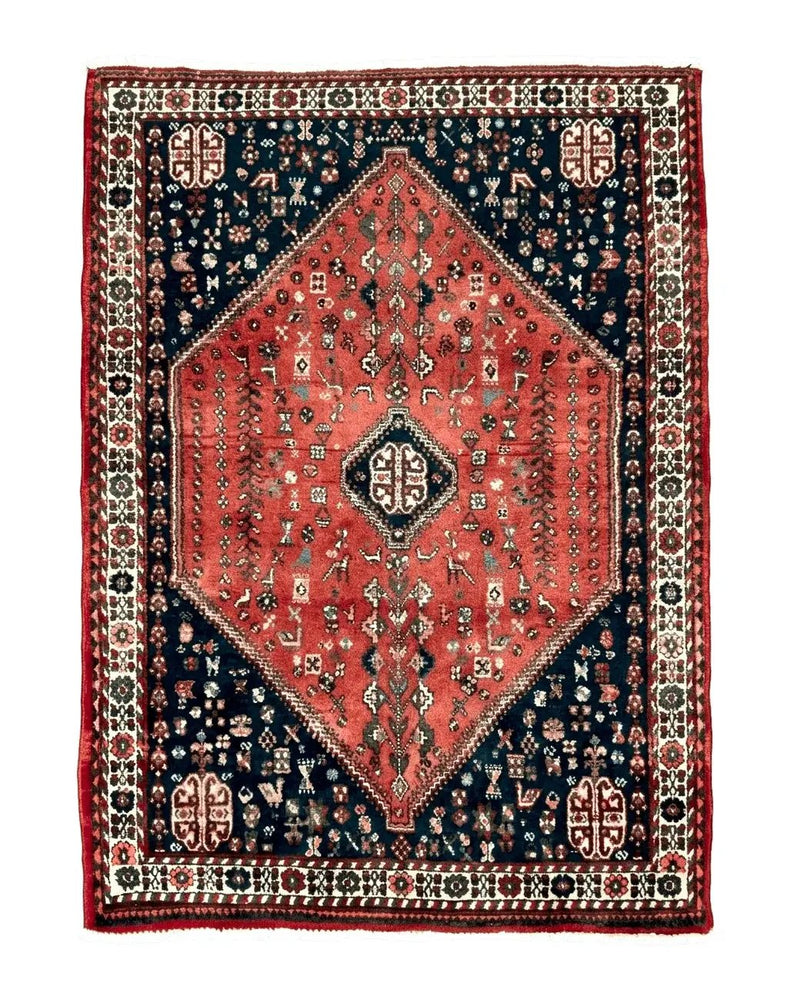 Persian Tribal Rug 3.6 x 5 ft, Persian Abadeh Rug, Geometric Medallion Bird Motifs, Red and Navy Blue Hand Knotted Handmade Wool Vintage Oriental Carpet by Jewel Rugs