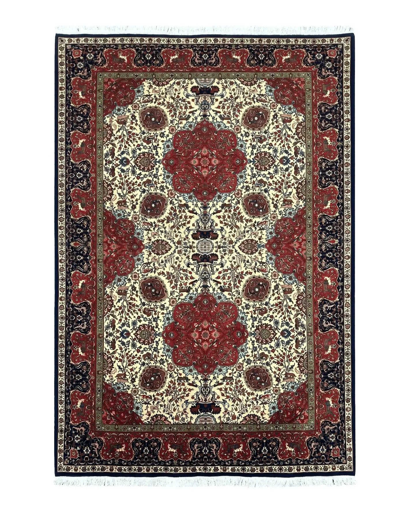 Wonderful Sino Persian Rug 6x10 with Animal Pictorial Motifs, Cream Dark Red Navy Blue, Birds Gazelles, Two Medallions, Top Quality Handmade by Jewel Rugs