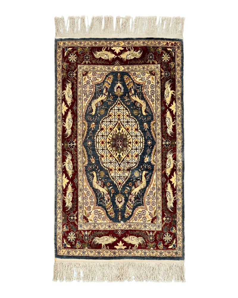 Silk Turkish Hereke Rug 2x3, Peacocks Birds, Signature from Master Weaver, Super Finely Hand Knotted 550 KPSI, Animal Pictorials by Jewel Rugs