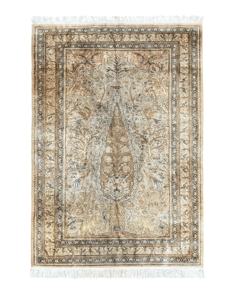 Turkish Kayseri Silk Rug 4x6, Tree of Life Pattern, Vintage Handmade Hand Knotted Carpet, Animal Pictorials, Birds by Jewel Rugs