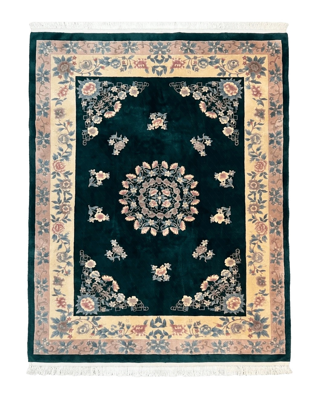 Chinese Art Deco Rug 9x12, Wool Hand Knotted Vintage Carpet, Dark Green & Cream, 90 Line Carving Rug by Jewel Rugs