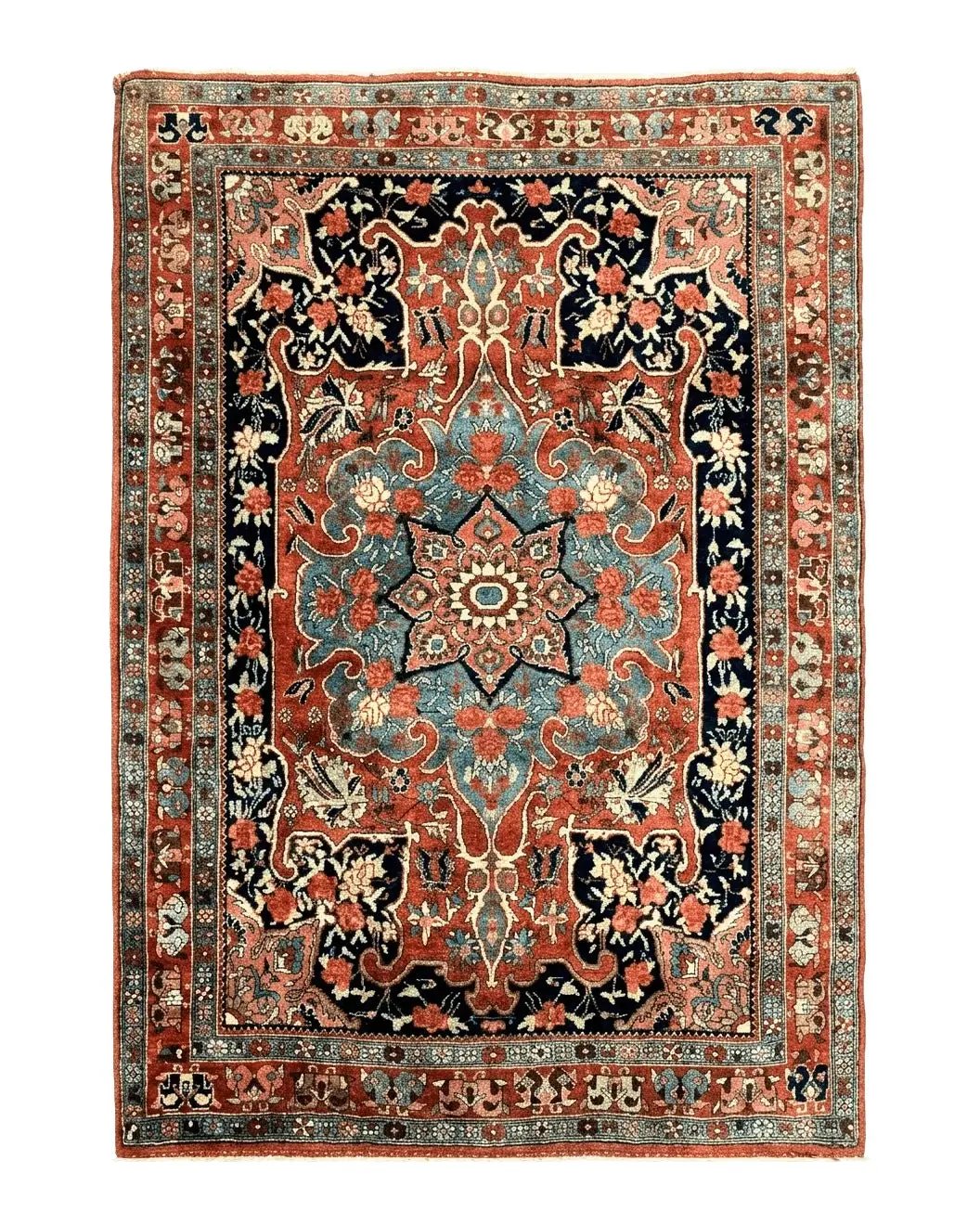 Antique Persian Bidjar Rug 4x5, Red and Blue, Hand Knotted Wool Carpet by Jewel Rugs