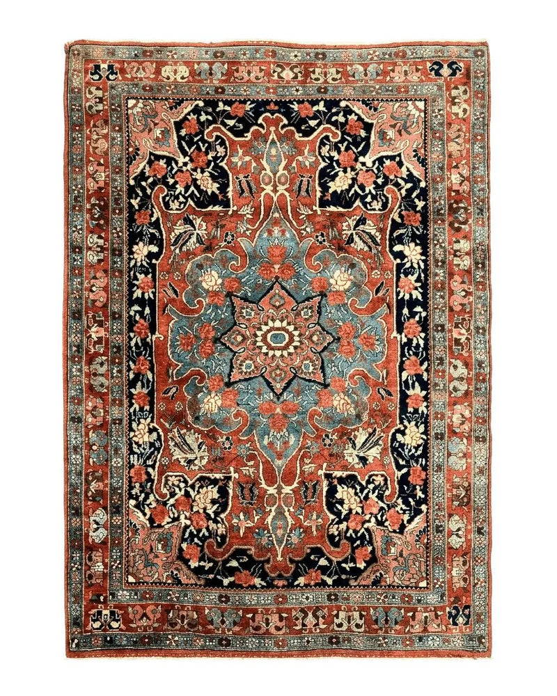 Antique Persian Bidjar Rug 4x5, Red and Blue, Hand Knotted Wool Carpet by Jewel Rugs
