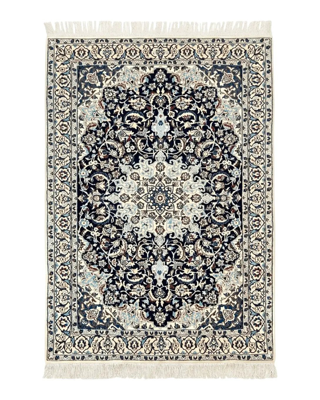 Persian Nain Rug 4x6, Floral, Hand Knotted Vintage Wool & Silk Highlights, Signature from Masterweaver, Navy Blue and Ivory by Jewel Rugs