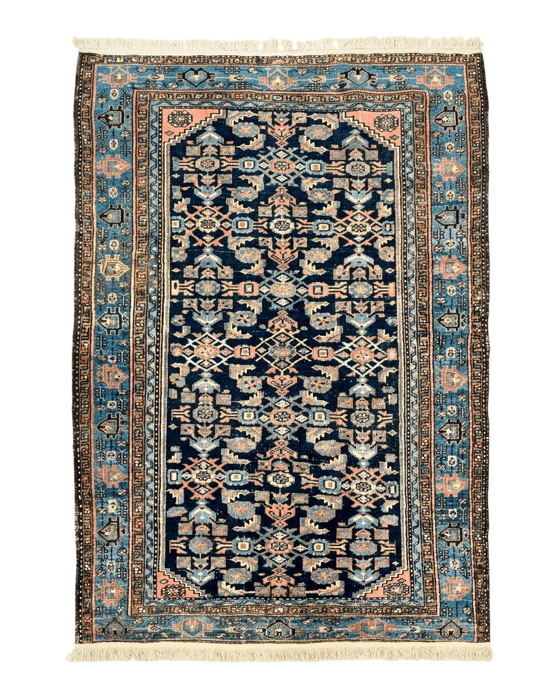 Antique Persian Tribal Rug 5x7, Navy Blue & Pink, Hand Knotted Handmade 1920s Wool Rug, Allover Pattern, Persian Hamadan Rug by Jewel Rugs