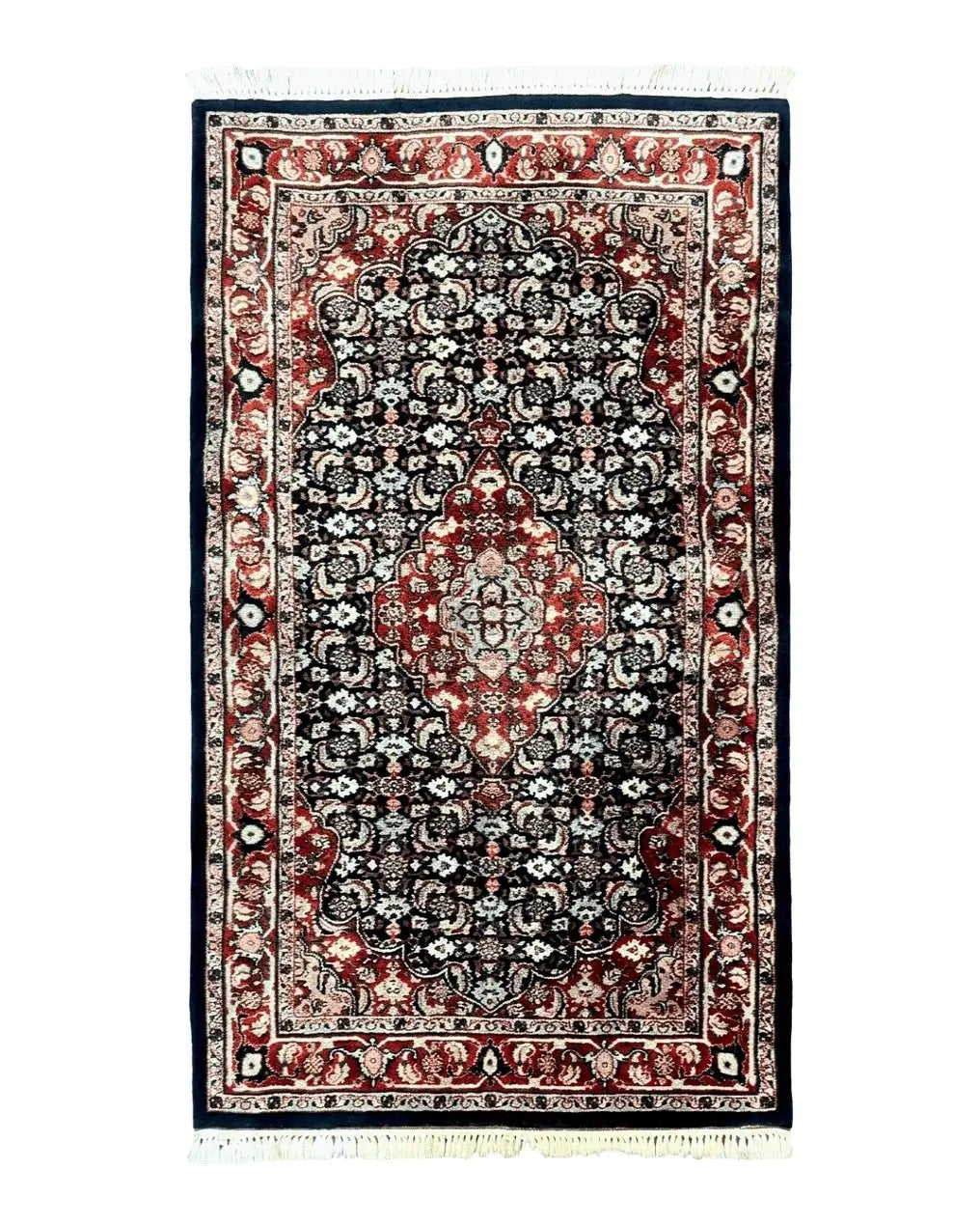 Indo Persian Rug 3x4, Herati Allover Pattern, Midnight Blue and Red, Small Vintage Handmade Wool Rug by Jewel Rugs