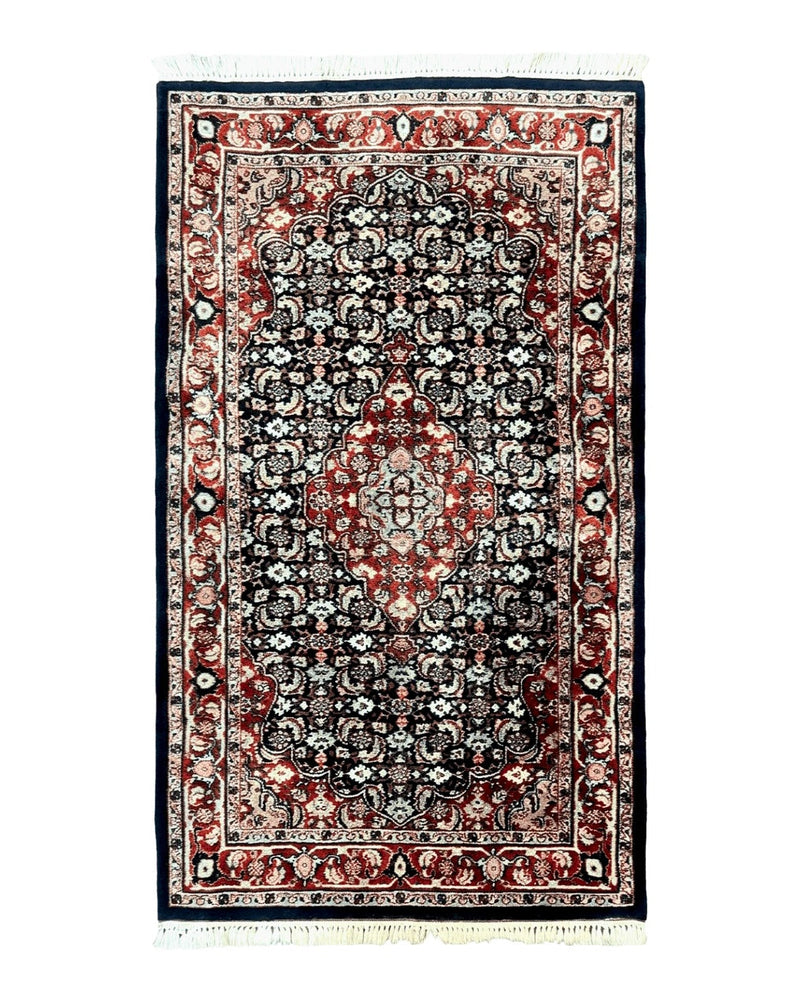 Indo Persian Rug 3x4, Herati Allover Pattern, Midnight Blue and Red, Small Vintage Handmade Wool Rug by Jewel Rugs