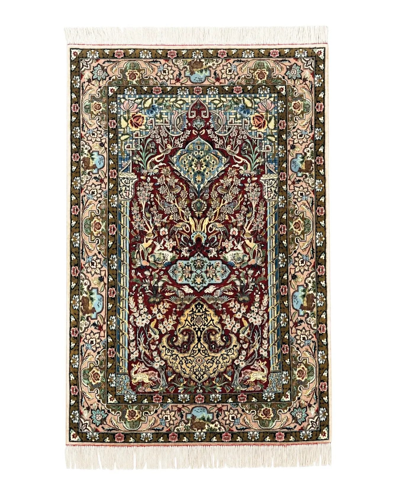 Marvelous Persian Isfahan Rug 3.7 x 5.6, Tree of Life and Animal Pictorials, Handmade Vintage Super Fine 600 KPSI, Kork Wool Silk Highlights, Rare by Jewel Rugs