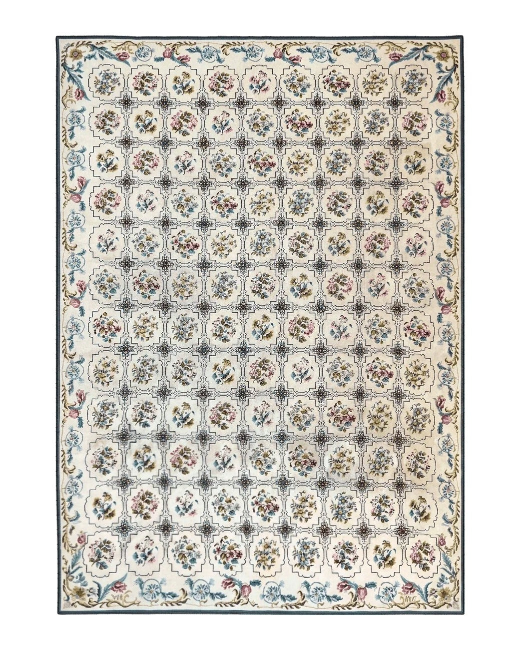 Needlepoint Rug 10x14, Wool Handmade Vintage Needlepoint Carpet, Floral Panel Design, Ivory/Cream by Jewel Rugs