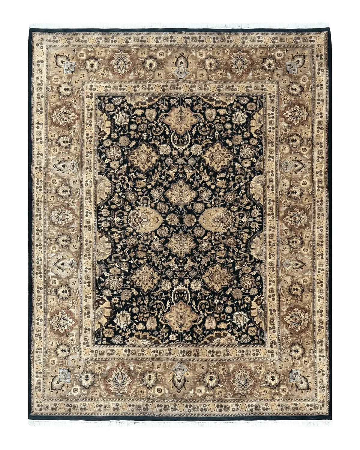 Indo Persian Rug 9x12, Floral Allover, Midnight Blue, Handmade Vintage Wool Oriental Carpet by Jewel Rugs