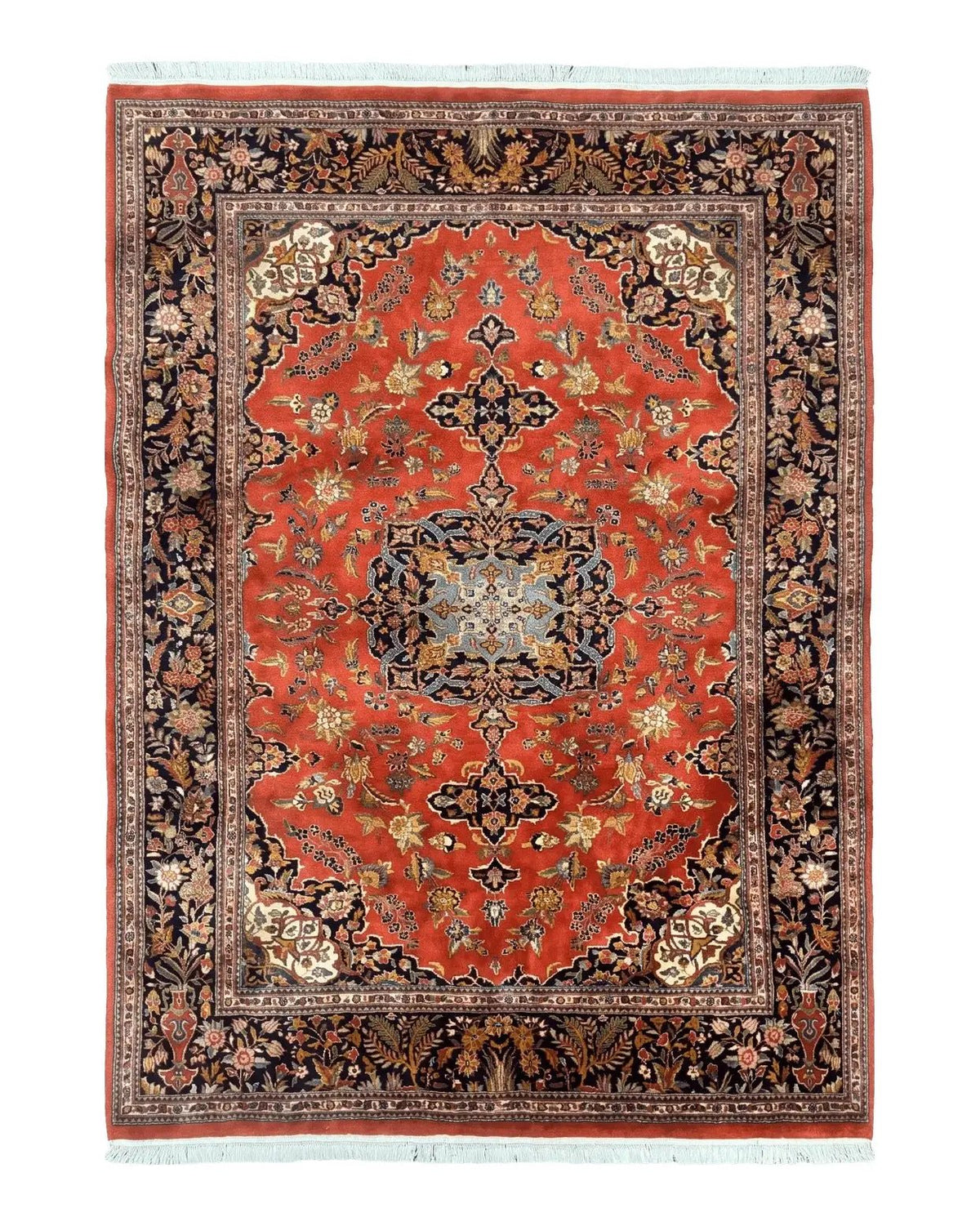 Indo Persian Rug 7x10, Vintage Handmade Wool Carpet, Floral Medallion Traditional Rug, Red and Midnight Blue by Jewel Rugs