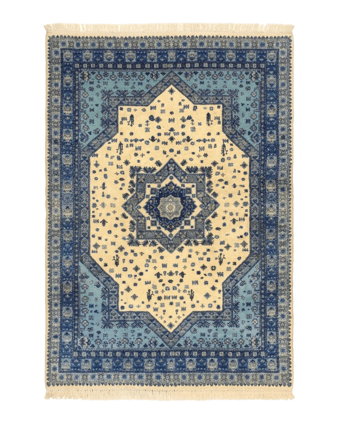 Moroccan Rug 7x10, Geometric Medallion, Blue and Ivory by Jewel Rugs