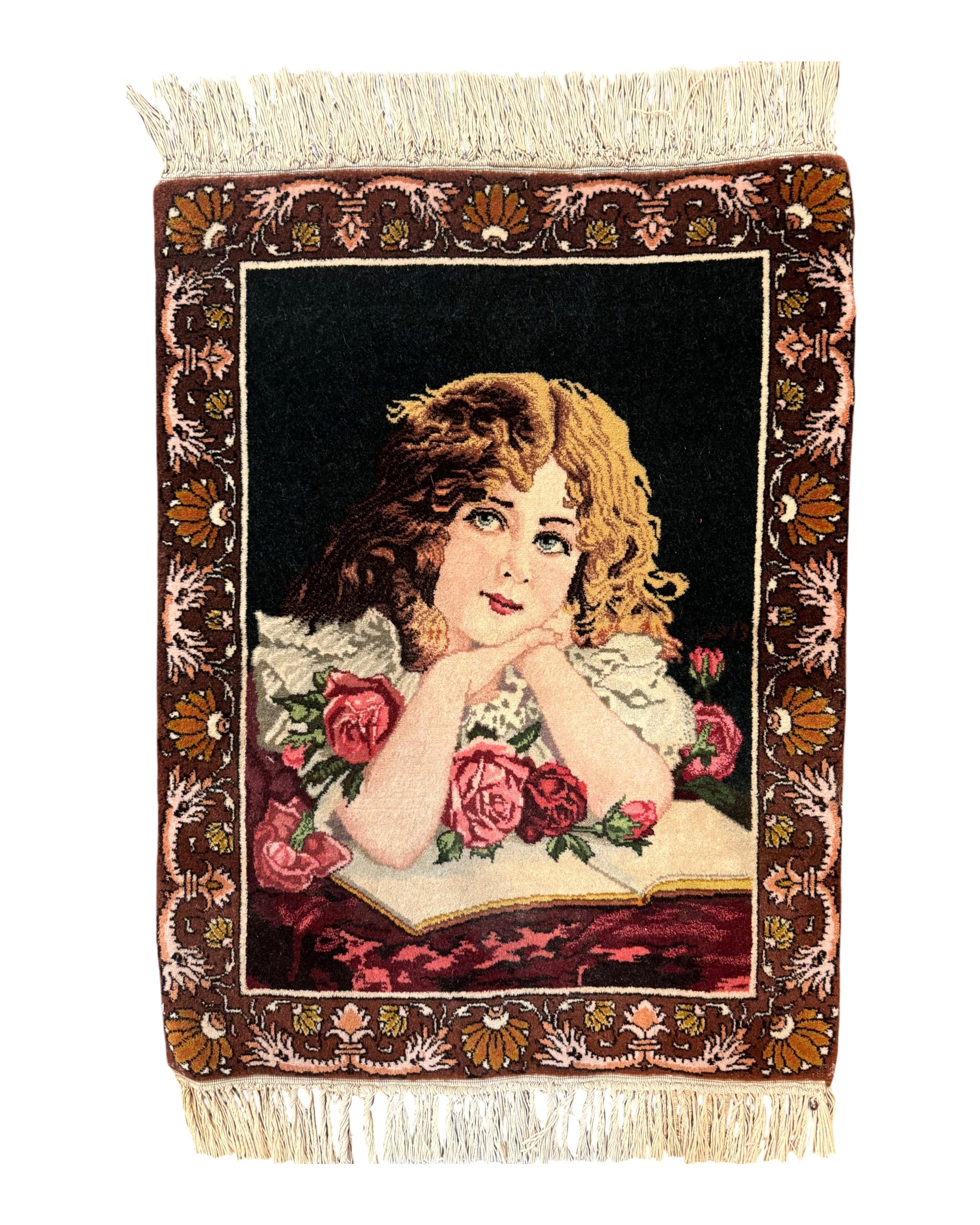 Small Persian Tabriz Pictorial Rug of Young Girl, Very Fine 380 KPSI, Portrait of Young Lady with Roses, Handmade, Persian Rug for Wall Hanging by Jewel Rugs
