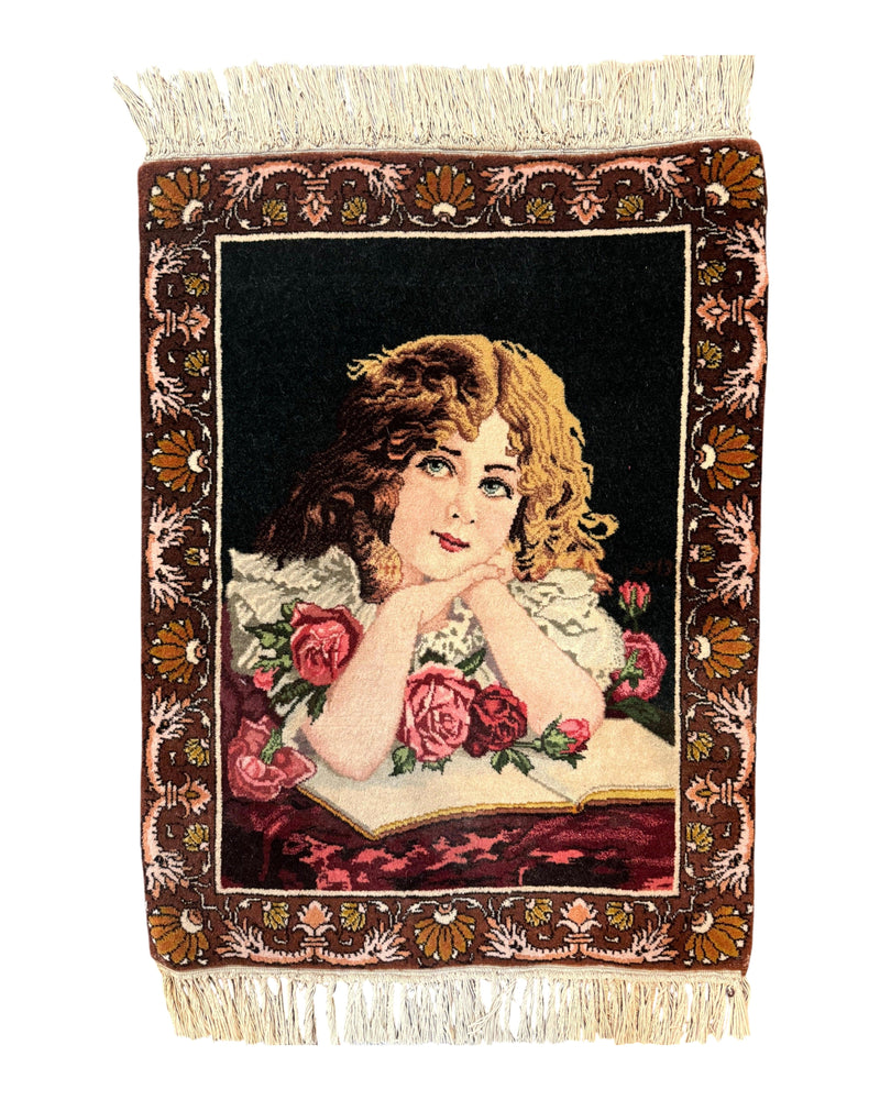 Small Persian Tabriz Pictorial Rug of Young Girl, Very Fine 380 KPSI, Portrait of Young Lady with Roses, Handmade, Persian Rug for Wall Hanging by Jewel Rugs