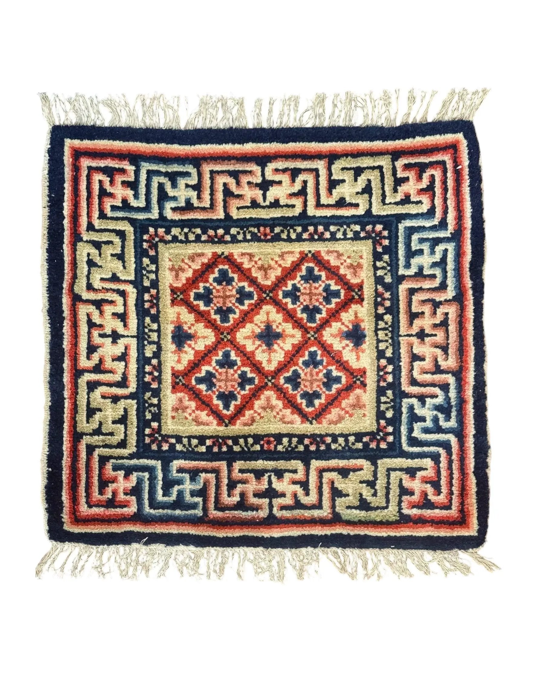 Small Antique Chinese Rug 2x2, Red Blue Square Rug Mat, Handmade, Tibetan Rug by Jewel Rugs