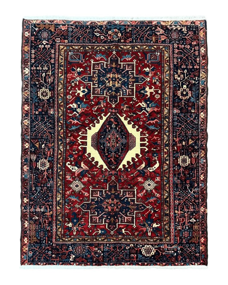 Persian Karajeh Rug 5x6, Antique Heriz Carpet, Geometric, Persian Tribal Rug, Brick Red Navy Blue by Jewel Rugs
