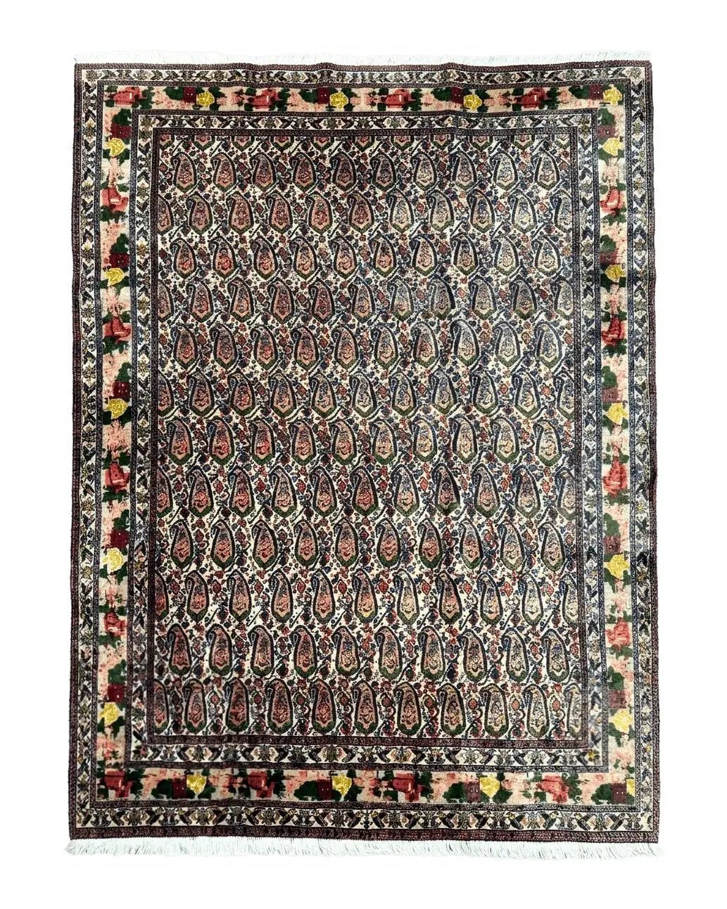 Persian Kurdish Rug 8x11, Repeated Allover Boteh Paisley Design, Bird Pictorials, Rare Antique Sannadaji Carpet by Jewel Rugs
