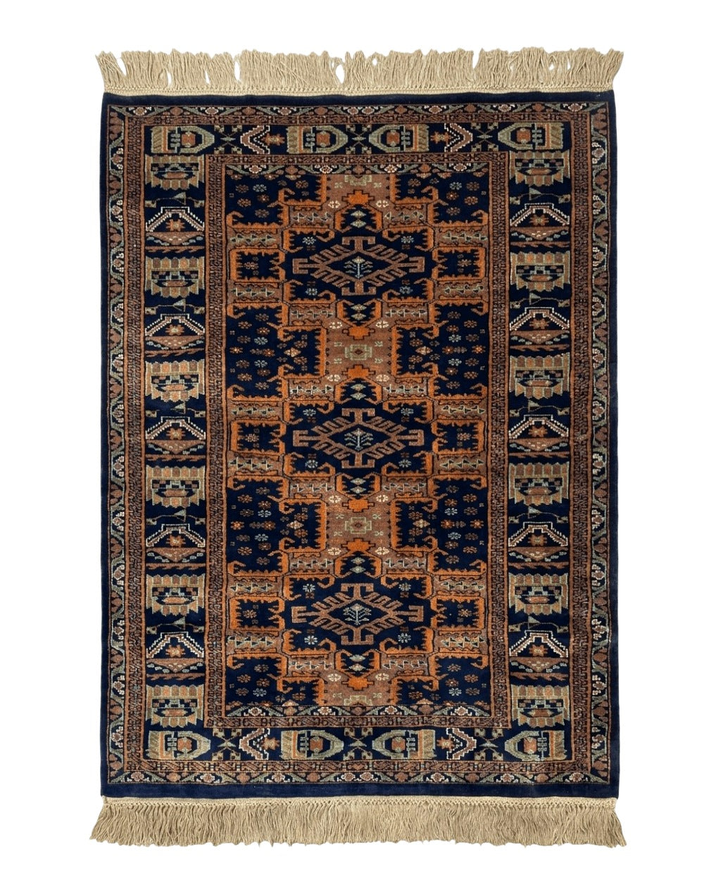 Vintage Afghan Rug 4x6, Navy Blue and Light Brown, Geometric Medallions, Wool on Wool, Tribal Rug by Jewel Rugs