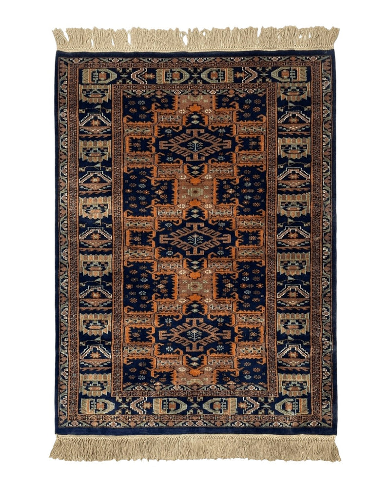 Vintage Afghan Rug 4x6, Navy Blue and Light Brown, Geometric Medallions, Wool on Wool, Tribal Rug by Jewel Rugs