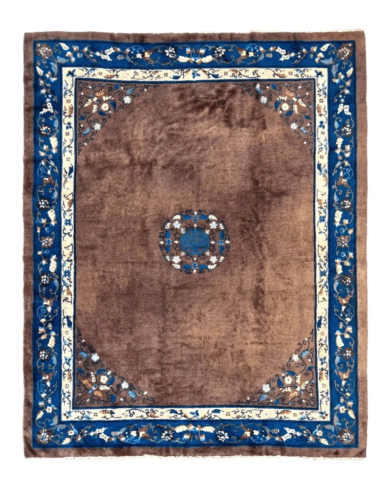 Antique Chinese Wool Rug 9x11, Large Chinese Art Deco Rug, Peking Rug, Brown and Blue, Open Field, Fete Rug by Jewel Rugs