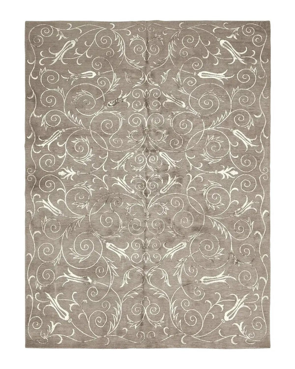 Tibetan Rug 9x12 Wool and Silk Beige Modern Handmade Carpet