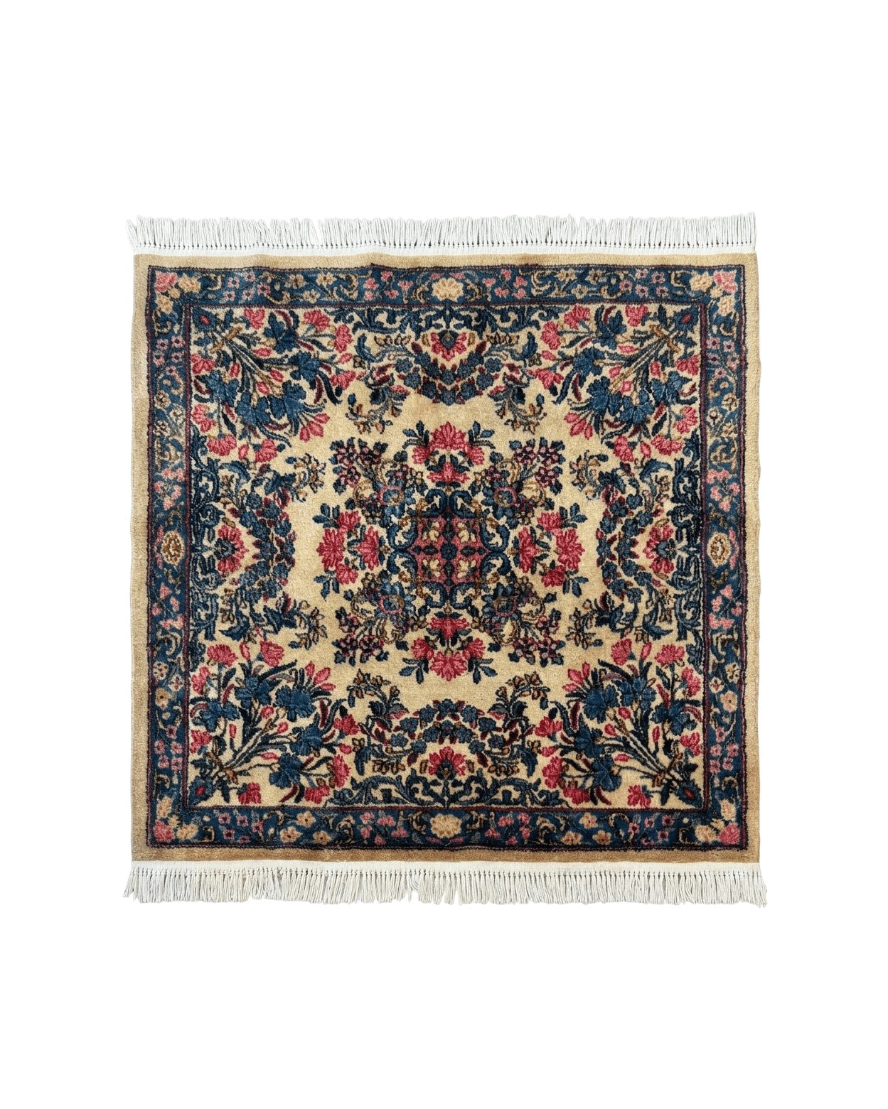 Square Persian Kerman Rug 4x4, Ivory Blue Pink, Handmade, Fine 225 KPSI by Jewel Rugs
