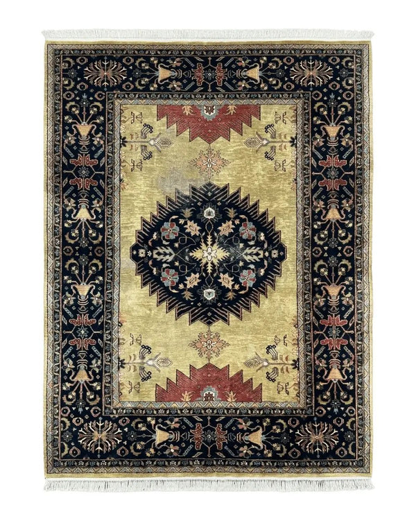 Indo Persian Heriz Rug 8x12, Camel Hair Tan and Navy Blue, Decorative