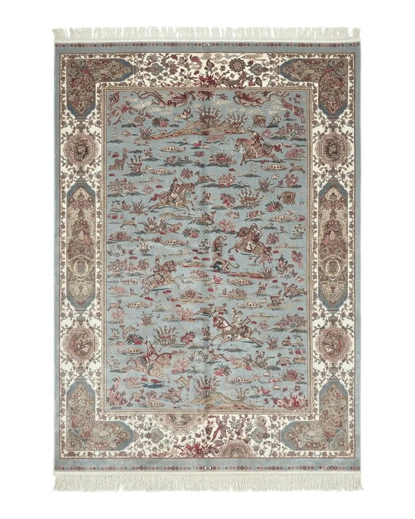 Turkish Silk Rug 5x7, Hunting Design, Animal Pictorials, Bamboo Silk