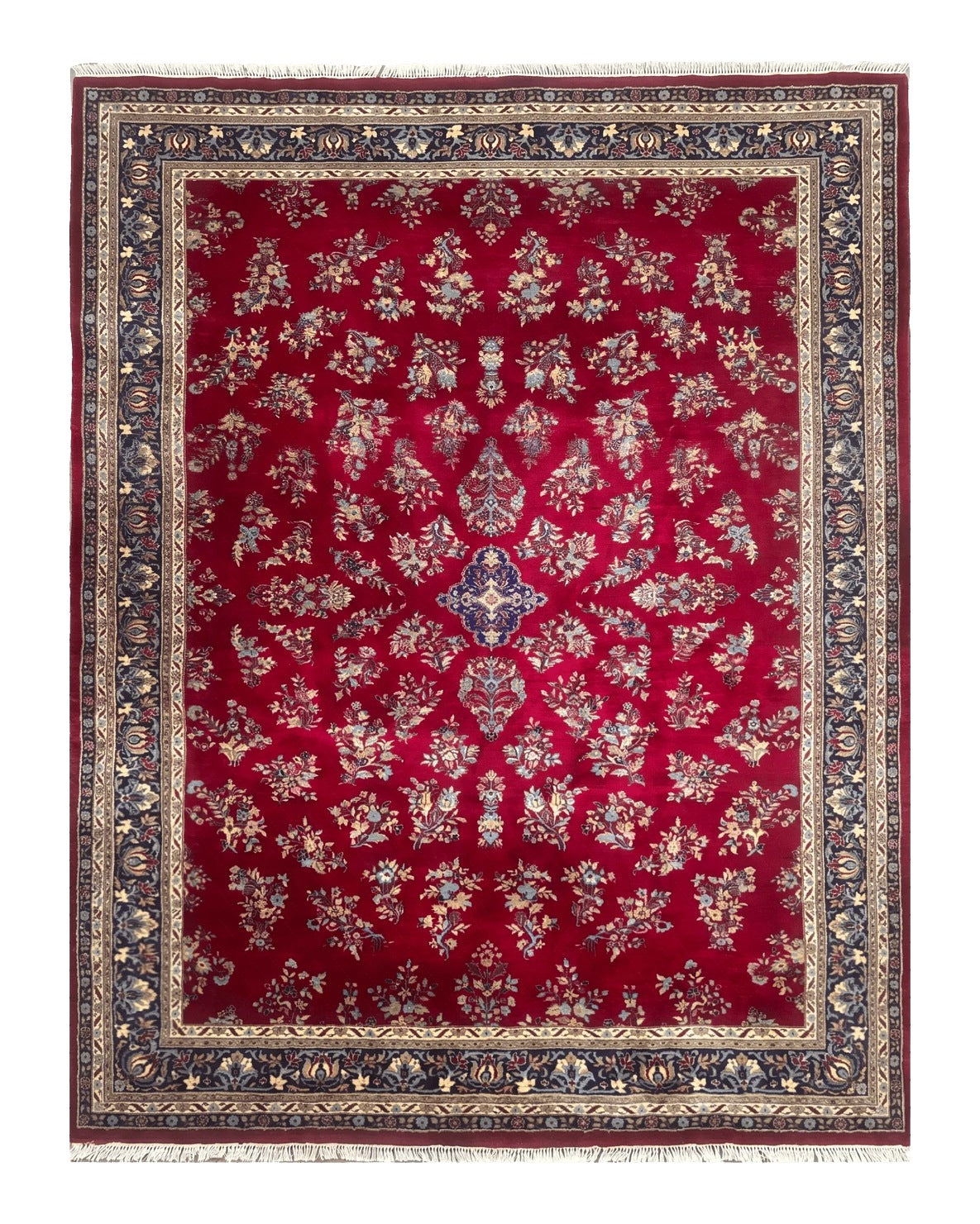 Indo Persian Sarouk Rug 10x14, Large Red and Navy Blue Carpet, Traditional Floral Wool Rug by Jewel Rugs