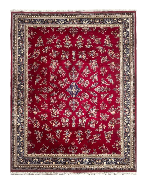 Indo Persian Sarouk Rug 10x14, Large Red and Navy Blue Carpet, Traditional Floral Wool Rug