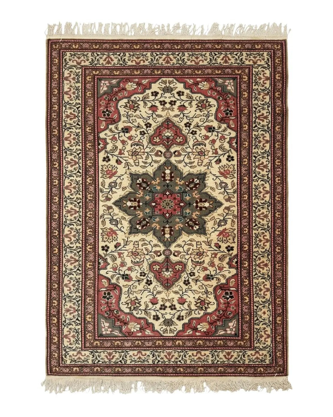 Turkish Sivas Rug 4x6, Floral Medallion, Beige Pink-Red Green, Handmade by Jewel Rugs