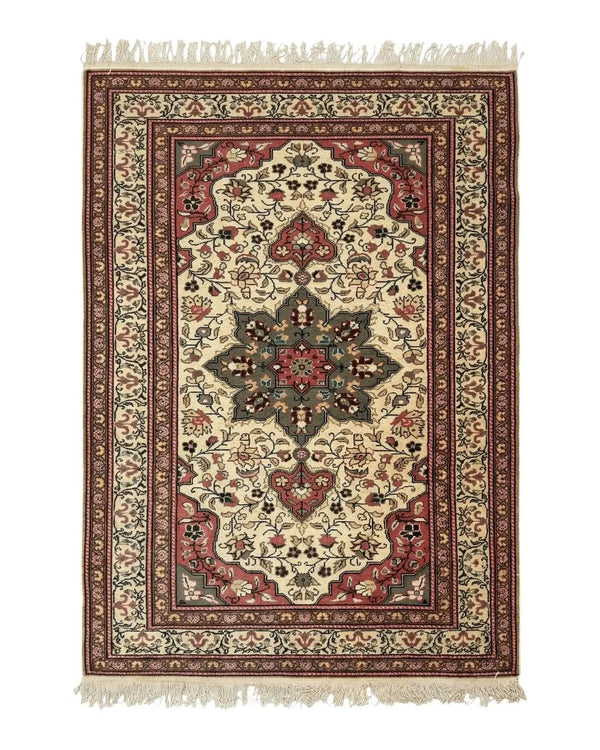 Turkish Sivas Rug 4x6, Floral Medallion, Beige Pink-Red Green, Handmade