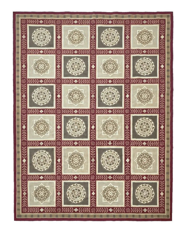 Needlepoint Rug 9x12, Panel Design, Burgundy Taupe, Elegant