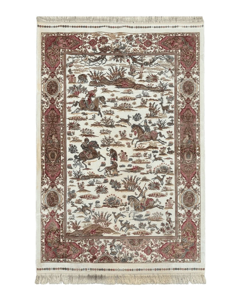 Turkish Silk Hunting Scene Rug 4x6, Ivory, Bamboo Silk, New by Jewel Rugs
