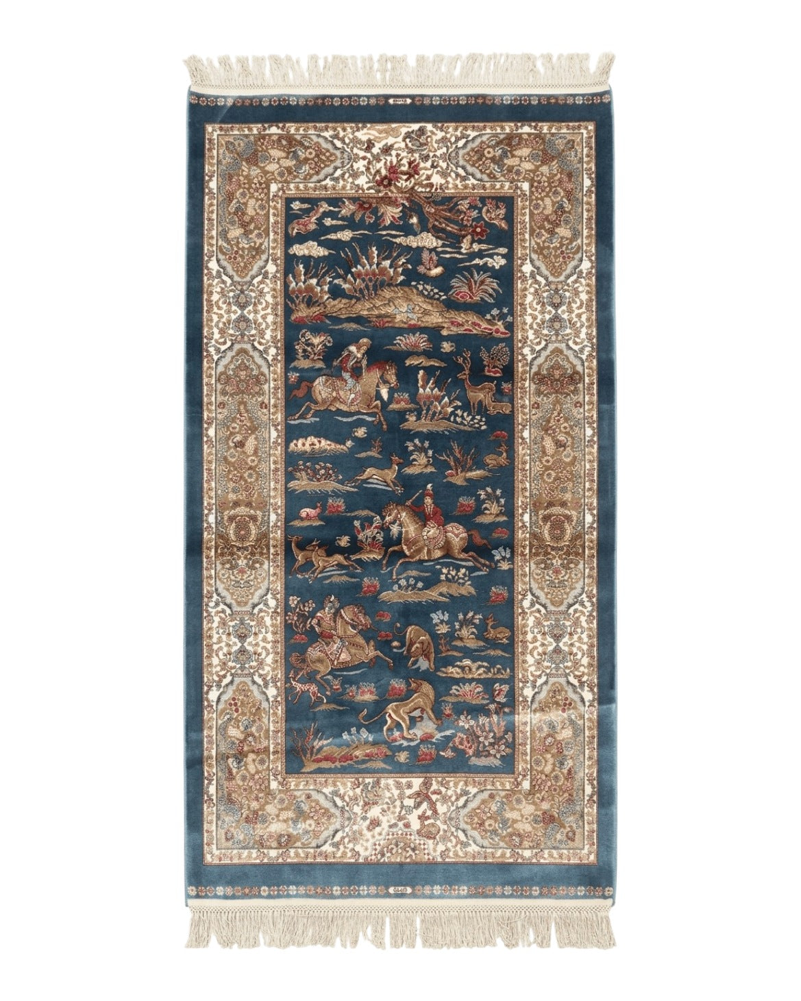 Turkish Silk Hunting Scene Rug 2.6 x 5, Dark Steel Blue & Ivory, Bamboo Silk, New by Jewel Rugs