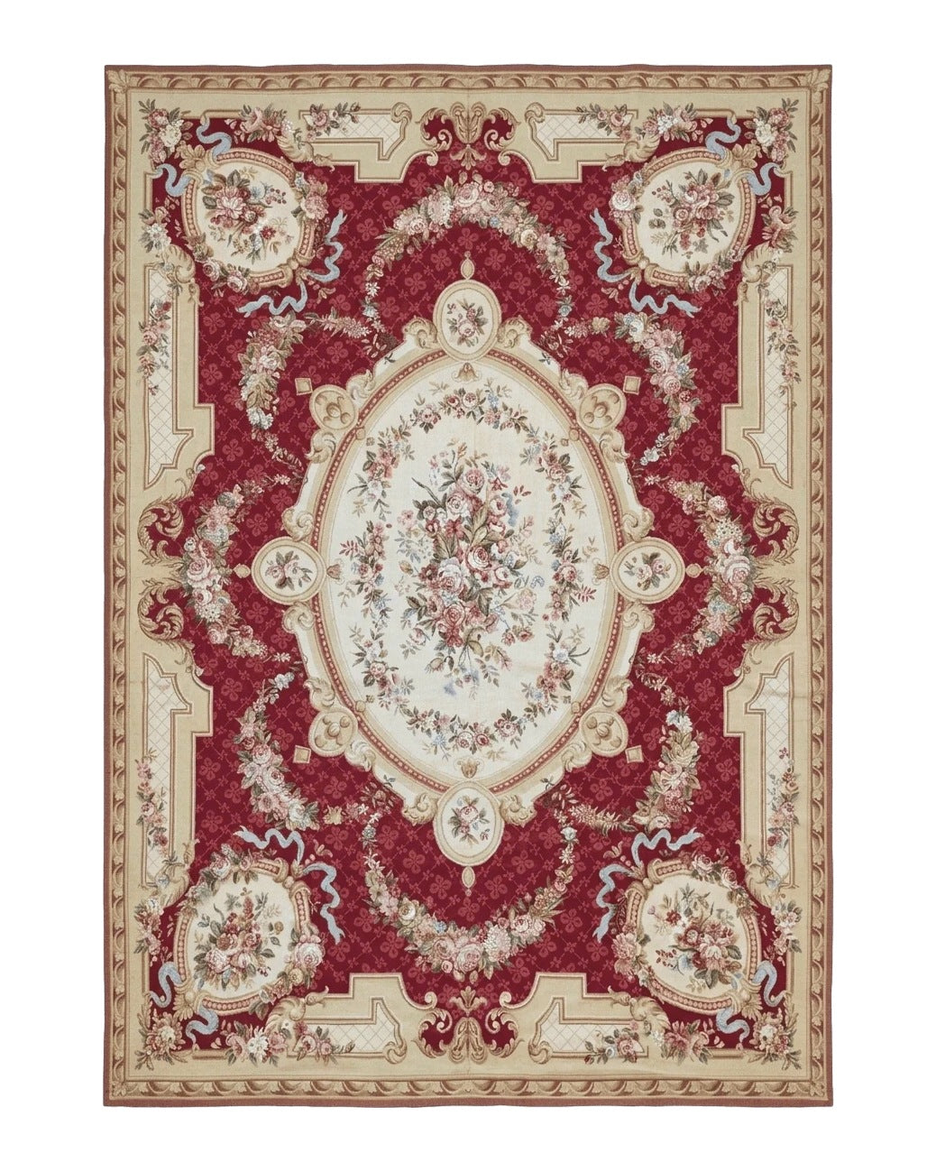 Aubusson Rug 8x11, Needlepoint Carpet, Red Ivory Beige, Vintage, French European Design by Jewel Rugs