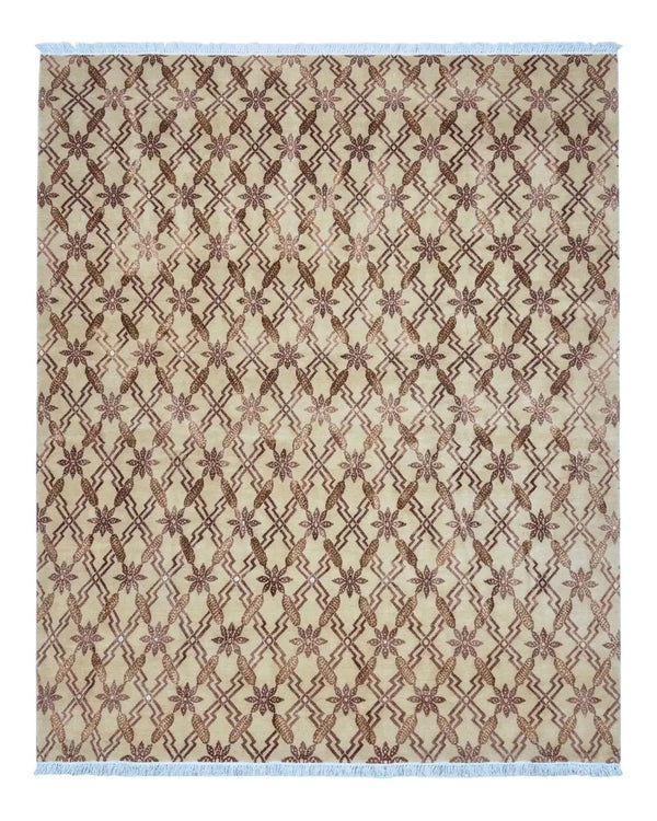 Tibetan Rug 8x10, Wool with Silk Highlights, Beige and Maroon, Contemporary Carpet