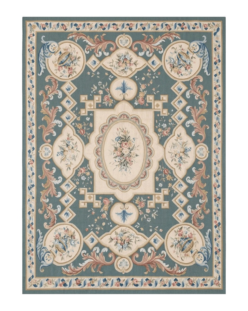 Aubusson Rug 9x12, Muted Sage Green and Cream, European Design by Jewel Rugs