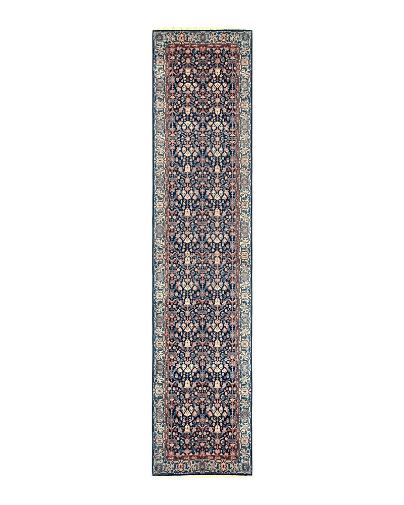 Indo Persian Runner Rug 2.8 x 12, Navy Blue, Floral, Fine 270 KPSI by Jewel Rugs