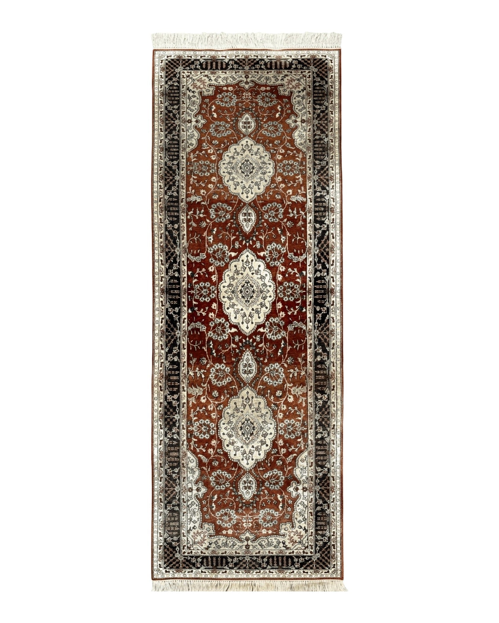Turkish Silk Narrow Runner Rug 2 x 5.8, Very Fine 340 KPSI, Floral Medallions, Red by Jewel Rugs
